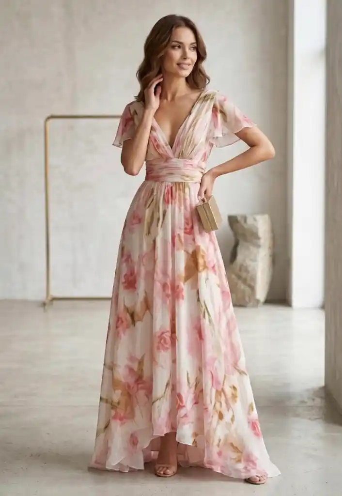 A guest in a blush floral chiffon maxi dress