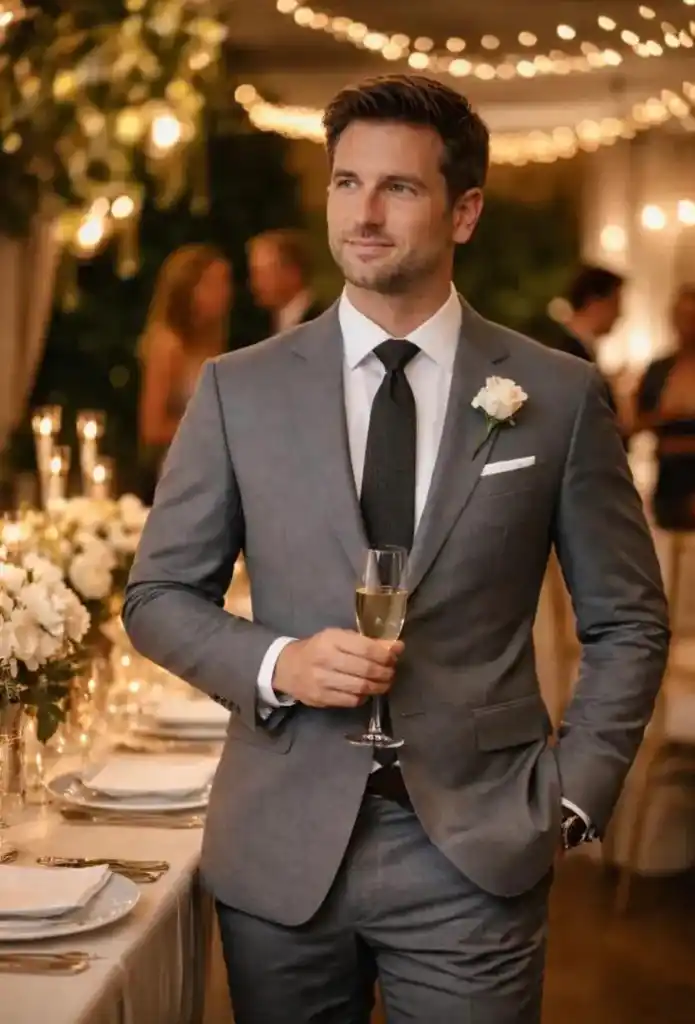 A guest in a charcoal grey suit with a white shirt and black tie