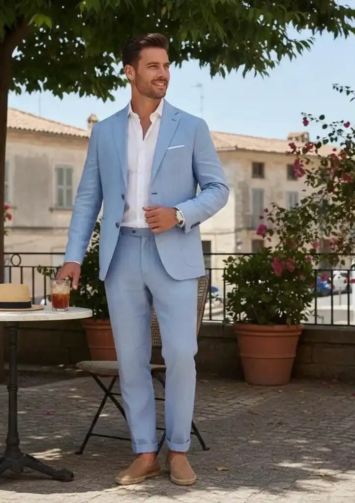 A guest in a light blue linen suit with an open-collar shirt
