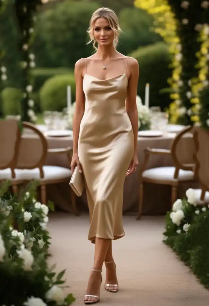 A guest in a champagne satin slip dress with nude heels
