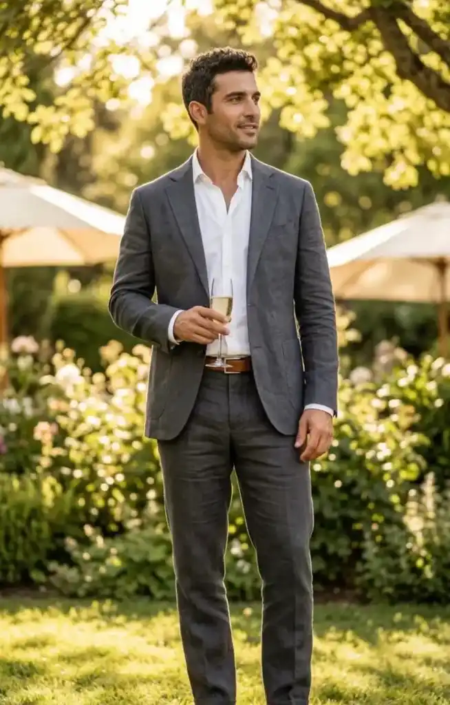 A guest in a dark grey suit with a white open-collar shirt